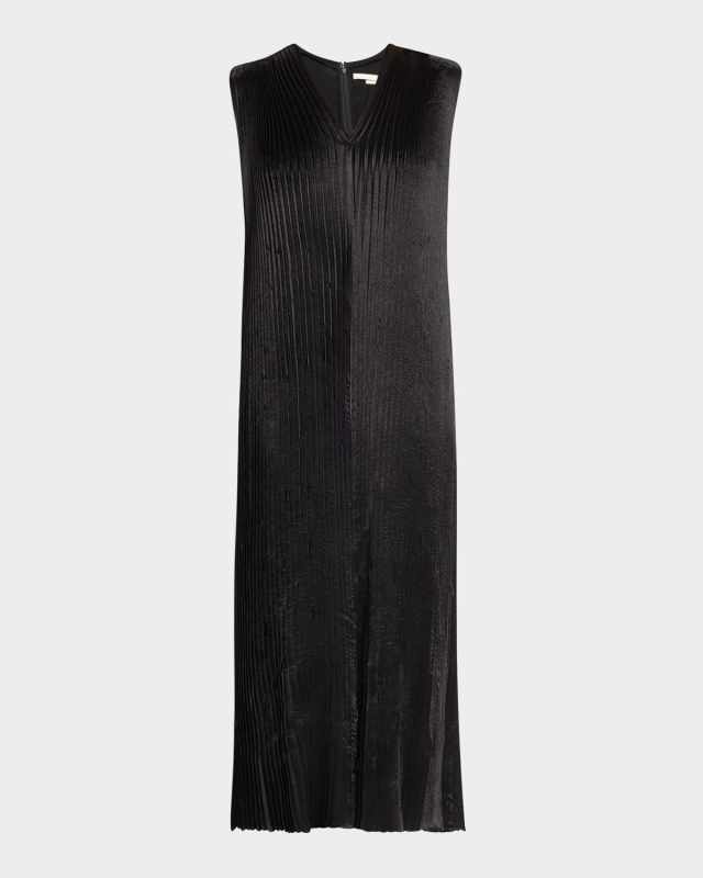 Pleated Satin Laser-Cut Trapeze Dress